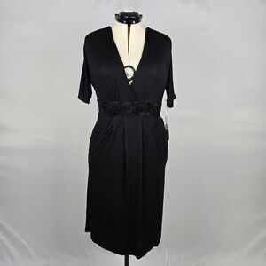 DownEast Dress Women XL Black Bodycon Elegant 1/2 Sleeve Wrap VNeck Rose Accents